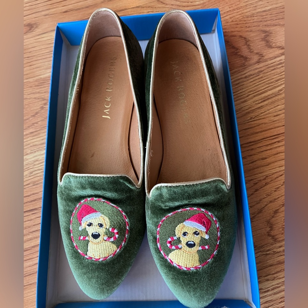 Jack Rogers Green Velvet Embroidered Dog Loafers